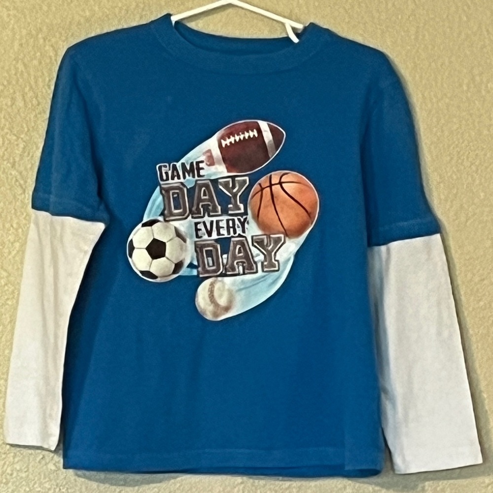 Jumping Beans Boy’s S (4) Blue & White Faux Layered Game Day Long Sleeve Tee